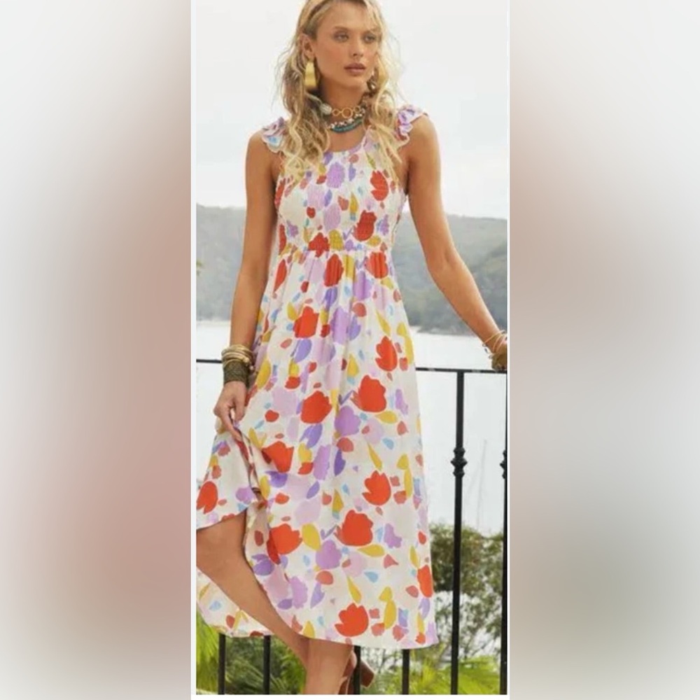 Mister Zimi Floral Midi Dress Garden Ruffle Sleeve Wedding Guest Vacation US 6